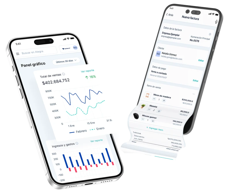 App móvil de Alegra en dos celulares: panel gráfico del negocio y una nueva factura electrónica