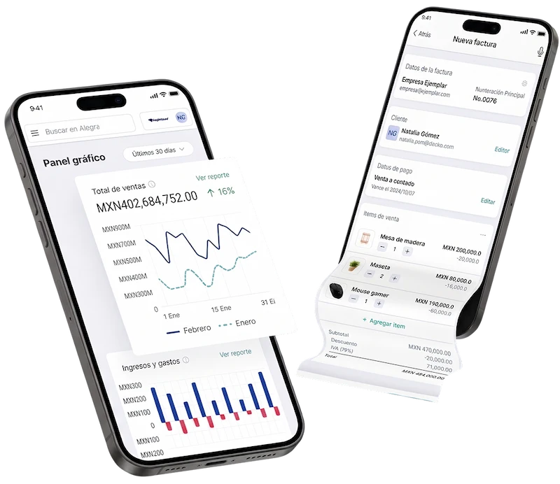 App de Alegra en el celular: panel del negocio y una nueva factura electrónica en curso
