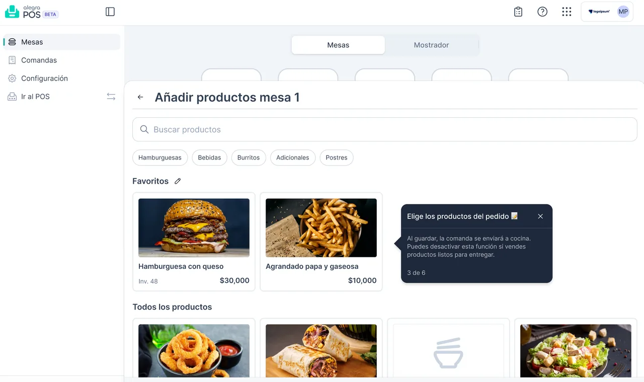 Alegra POS Restobar: añadir productos al pedido de la mesa