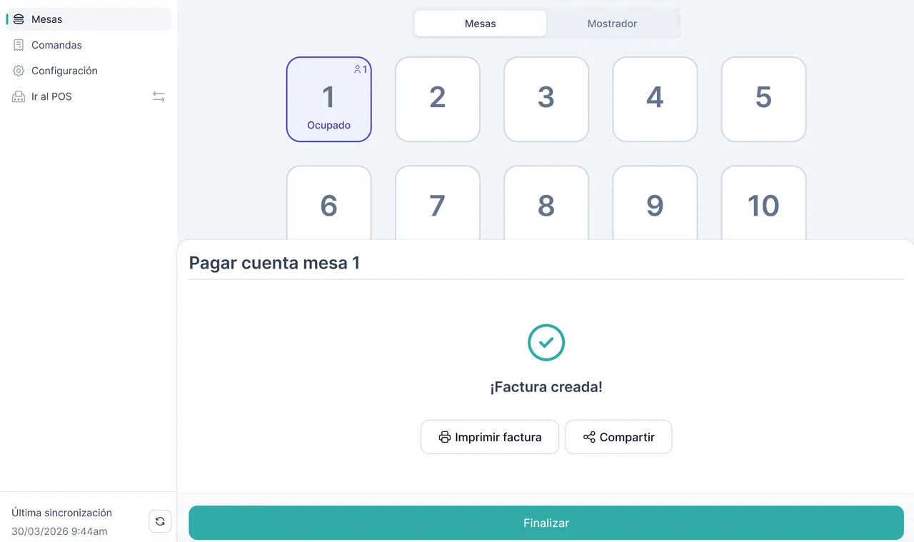 Alegra POS Restobar: factura creada al cerrar la mesa