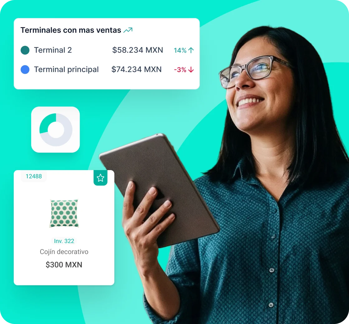 Dashboard Alegra Punto de Venta - mujer sosteniendo tablet con terminales de venta