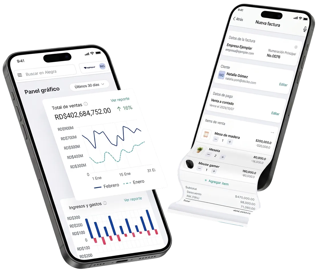 App de Alegra en el celular: panel del negocio y una nueva factura electrónica en curso
